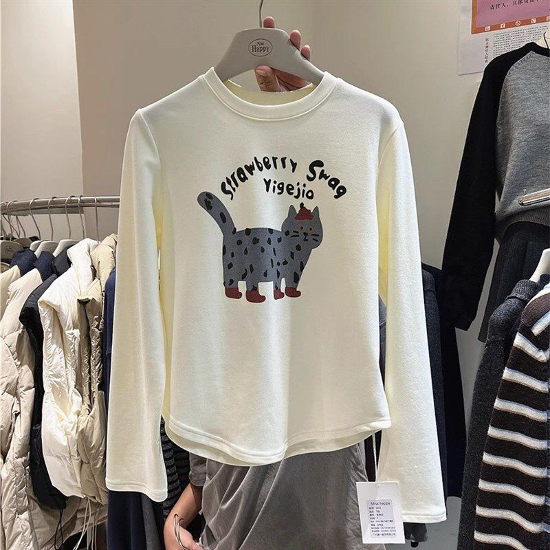 超大码300斤秋冬韩版卡通猫咪图案显瘦德绒保暖长袖t恤男女打底衫
