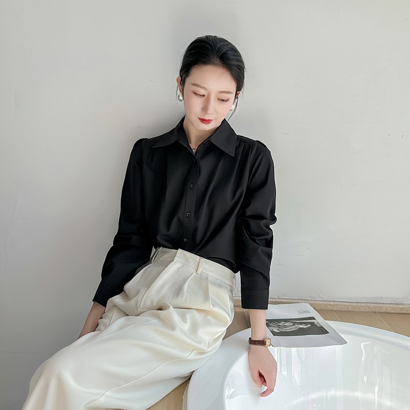 高级感黑色衬衫女时尚洋气抗皱法式欧货长袖打底T显瘦工装气质衬