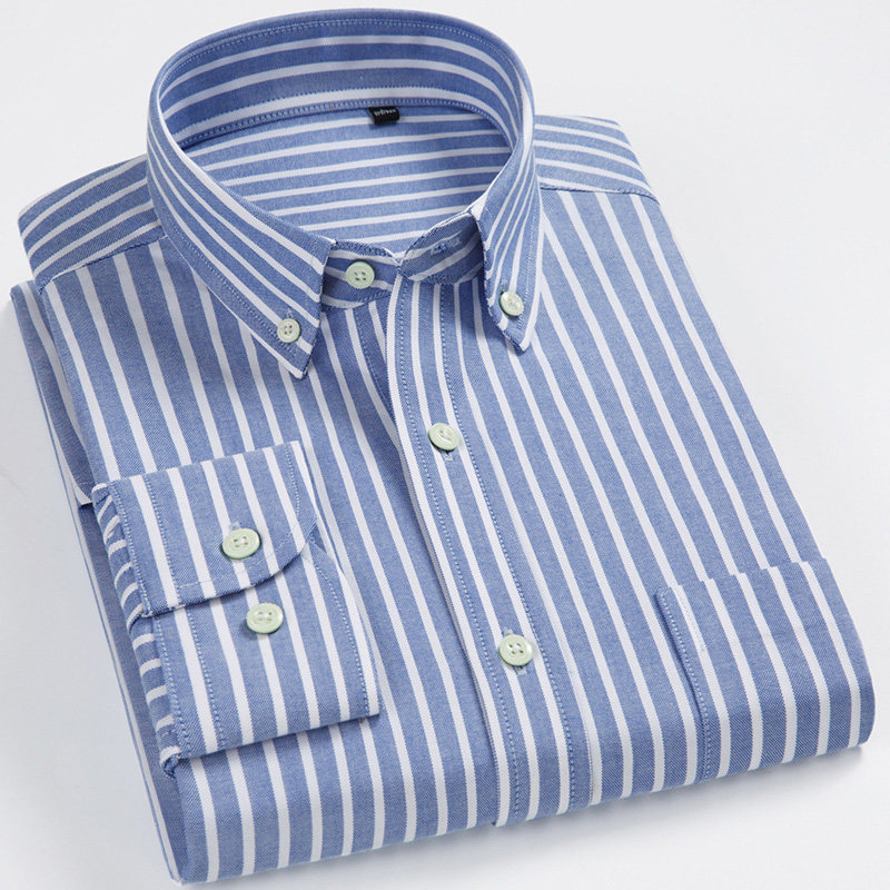 秋季蓝色竖条纹衬衫男长袖纯棉牛津纺衬衣日系潮外搭蓝Y白条纹寸