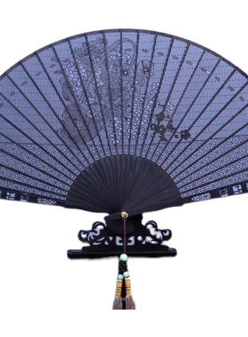 中国风紫檀乌木折扇子黑檀香扇子香木扇出国礼品扇镂空工艺扇