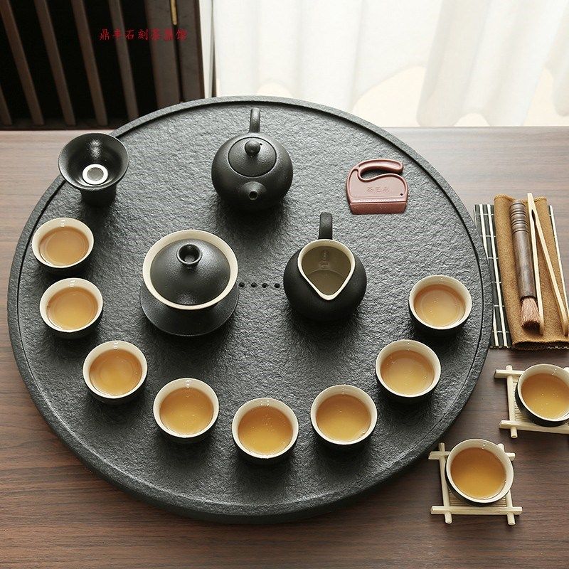 天然乌金石茶盘整块圆型小号圆形大号G茶海简约家用石磨茶具可排