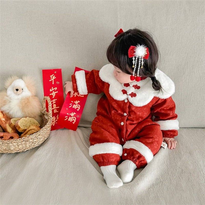 秋冬装哈衣宝宝百日宴中国风披肩新生儿加绒外出连体衣婴儿拜年服