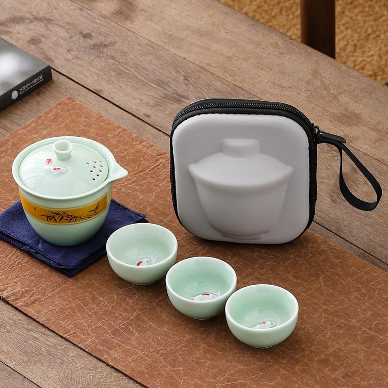 旅行茶具套装青瓷鲤鱼户外旅游便携式茶杯泡茶喝茶装备随行快客杯