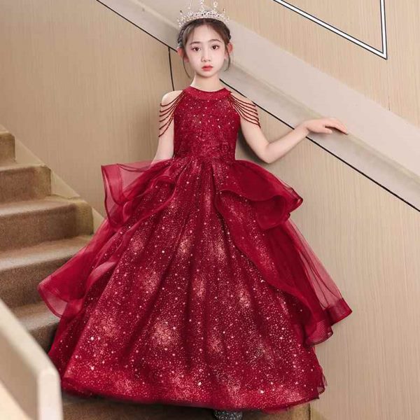 女童晚礼服小众公主裙儿童花童钢琴演出服主持人红色轻奢高端婚礼