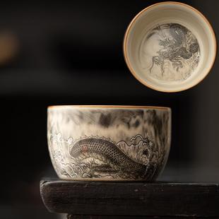 2023龙年茶杯个人专用泡茶主人杯家用高档普洱杯生肖龙汝窑开片