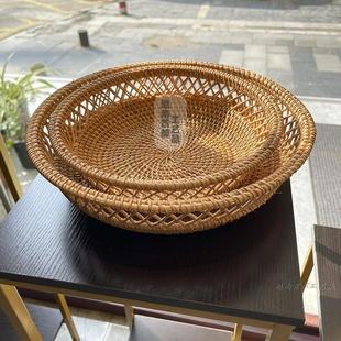 圆形镂空果盘客厅桌面收纳筐 越南藤编水果篮 零食干果分类收纳盘