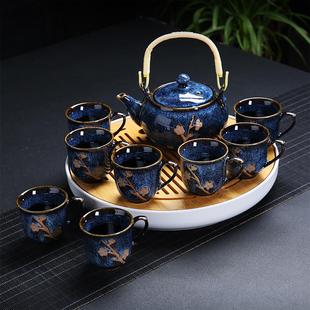 家用窑变茶壶防烫带把茶杯送茶盘 偲逸霁蓝兔毫拉丝提梁壶茶具套装