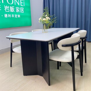 家用饭桌黑色现代简约设计师工作台 德利丰纯白岩板实木餐桌意式