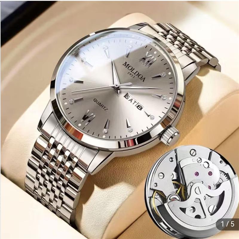 MOLDOA手表男瑞士进口全自动双日历夜光表防水镂空男士腕表