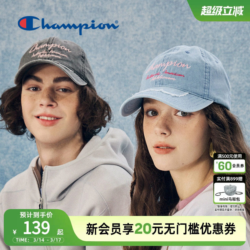 champion冠军做旧牛仔刺绣棒球帽复古校园男女情侣鸭舌帽子遮
