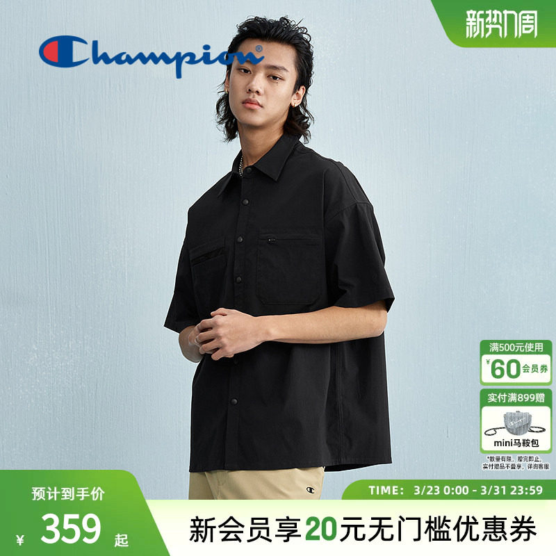 Champion冠军衬衫男翻领POLO短袖中性简约宽松机能T恤商