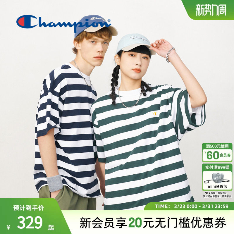 Champion冠军短袖T恤棉质潮牌条纹情侣宽松上衣男半袖女运动