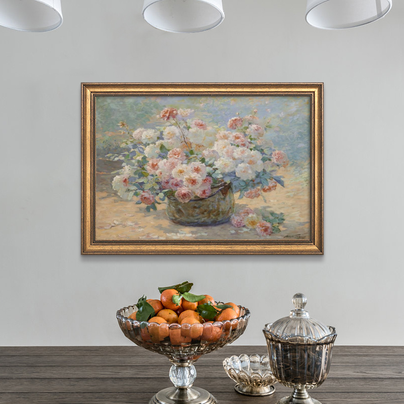 玫瑰花卉美式餐厅装饰画饭桌墙面壁画卧室床头挂画欧式复古仿油画图片