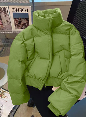 韩版高级感绿色棉衣棉服女装冬季加厚立领面包服高腰短款宽松外套
