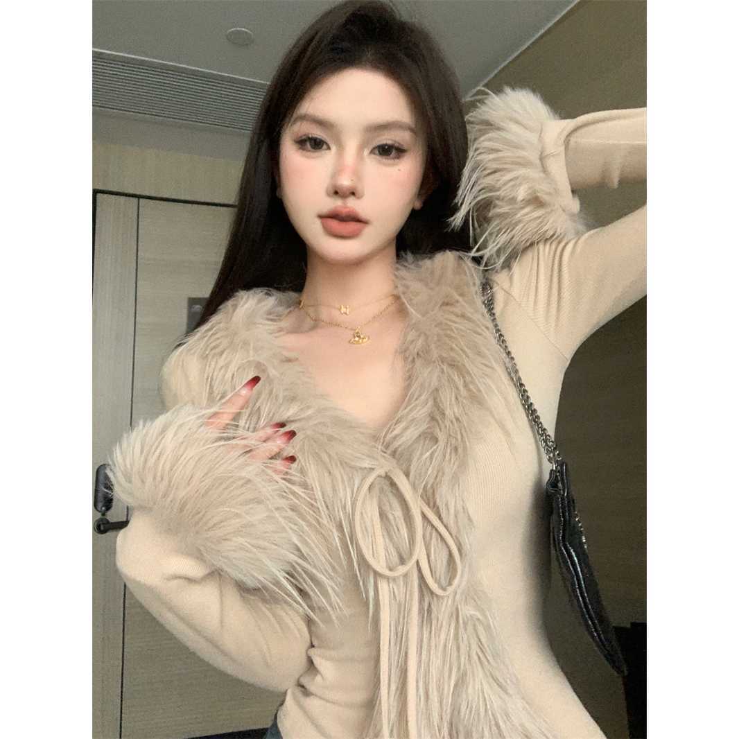 毛毛边v领韩版开衫女秋冬纯欲辣妹性感小上衣打底衫内搭毛衣外套