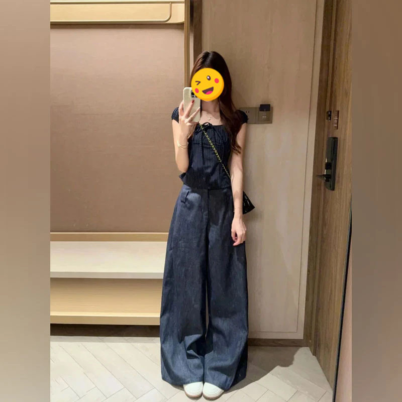 单件/甜酷风独特洋气夏季2026纯欲风辣妹修身条纹上衣高腰阔腿裤
