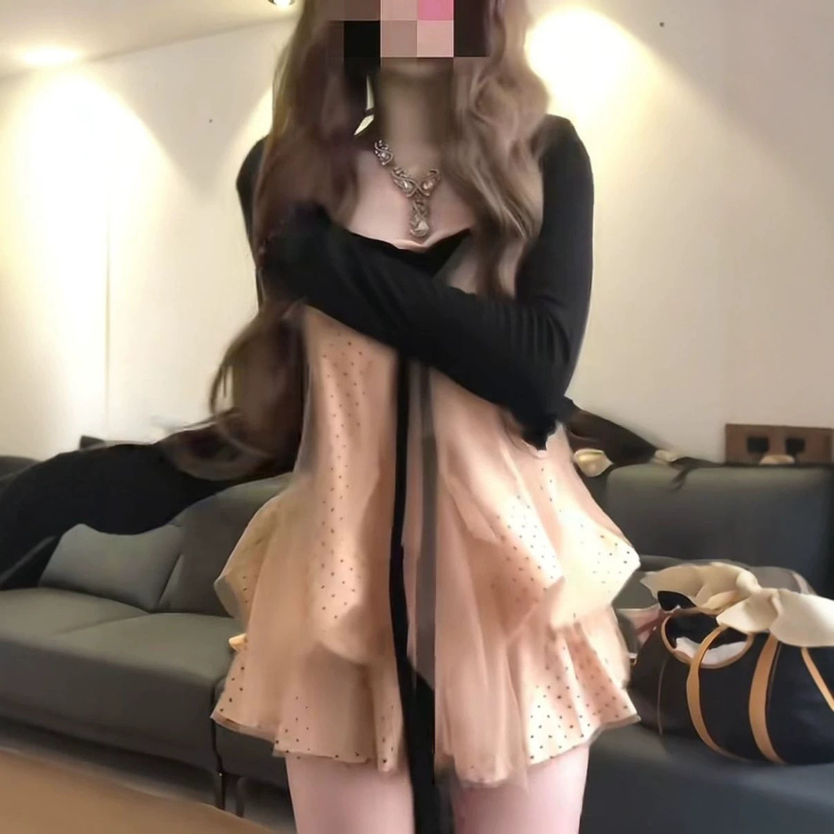 甜美纯欲风蝴蝶结波点吊带开衫纱网蛋糕裙女夏季显瘦花苞短裙套装