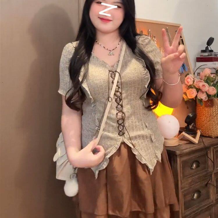 胖MM大码女套装夏日新款辣妹纯欲风遮肚显瘦上衣短袖半身裙两件套