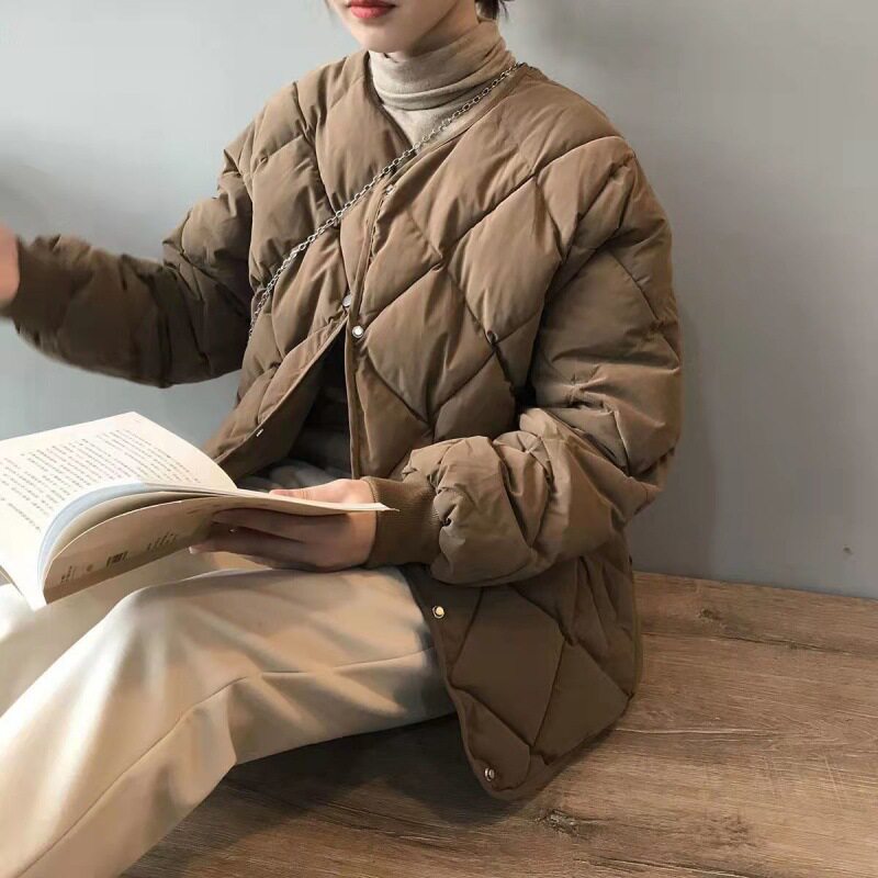 菱格棉服女冬季2023年新款面包服爆款羽绒棉小众无领棉袄短款棉衣