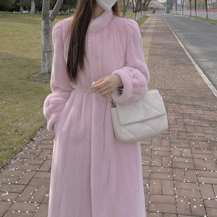 超好看粉色长大衣感御姐风富家千金仿羊羔毛厚外套女冬季爆款