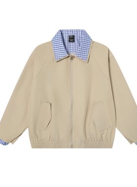 2025美式复古翻领外套男女款秋季新款撞色格子宽松工装夹克黑色棉