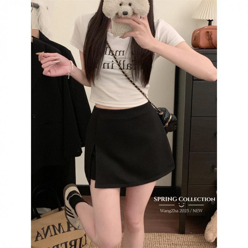 辣妹黑色侧开叉半身裙女春季高腰显瘦A字裙百搭包臀防走光短裙子