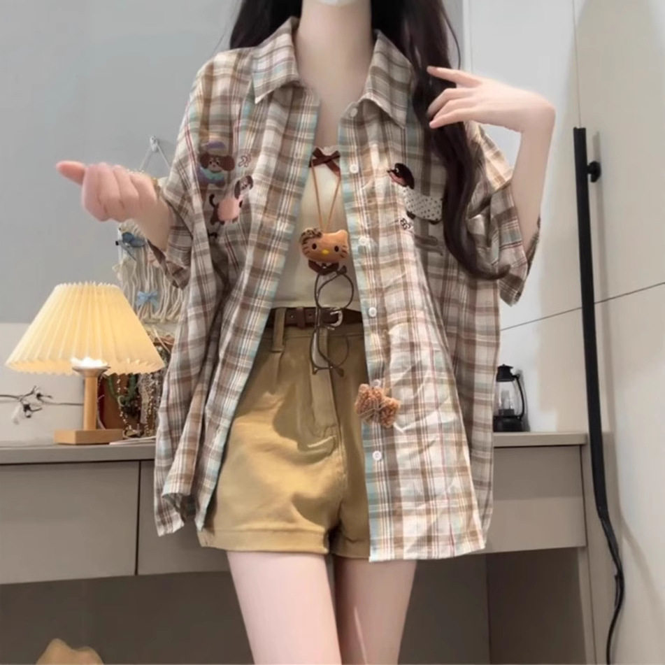 美式趣味小狗毛巾绣格子短袖衬衫女夏季新款宽松休闲衬衣独特上衣