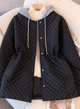 黑色连帽羽绒棉服外套女菱格收腰上衣大码格纹修身棉衣文艺