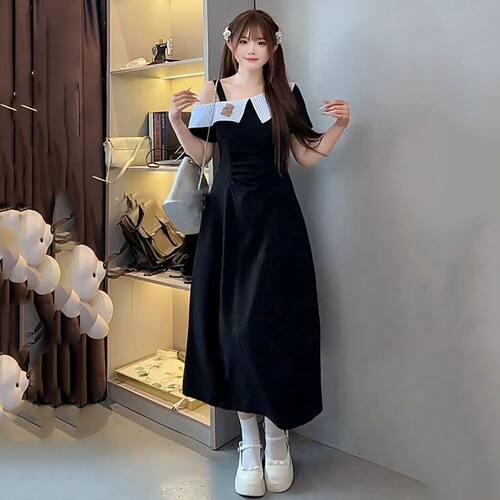 大码法式气质格纹翻领连衣裙女夏季微胖mm斜领露肩辣妹显瘦长裙