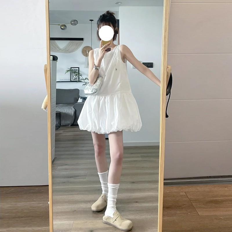 韩系白色无袖背心连衣裙女夏季温柔风气质裙子小个子宽松花苞短裙