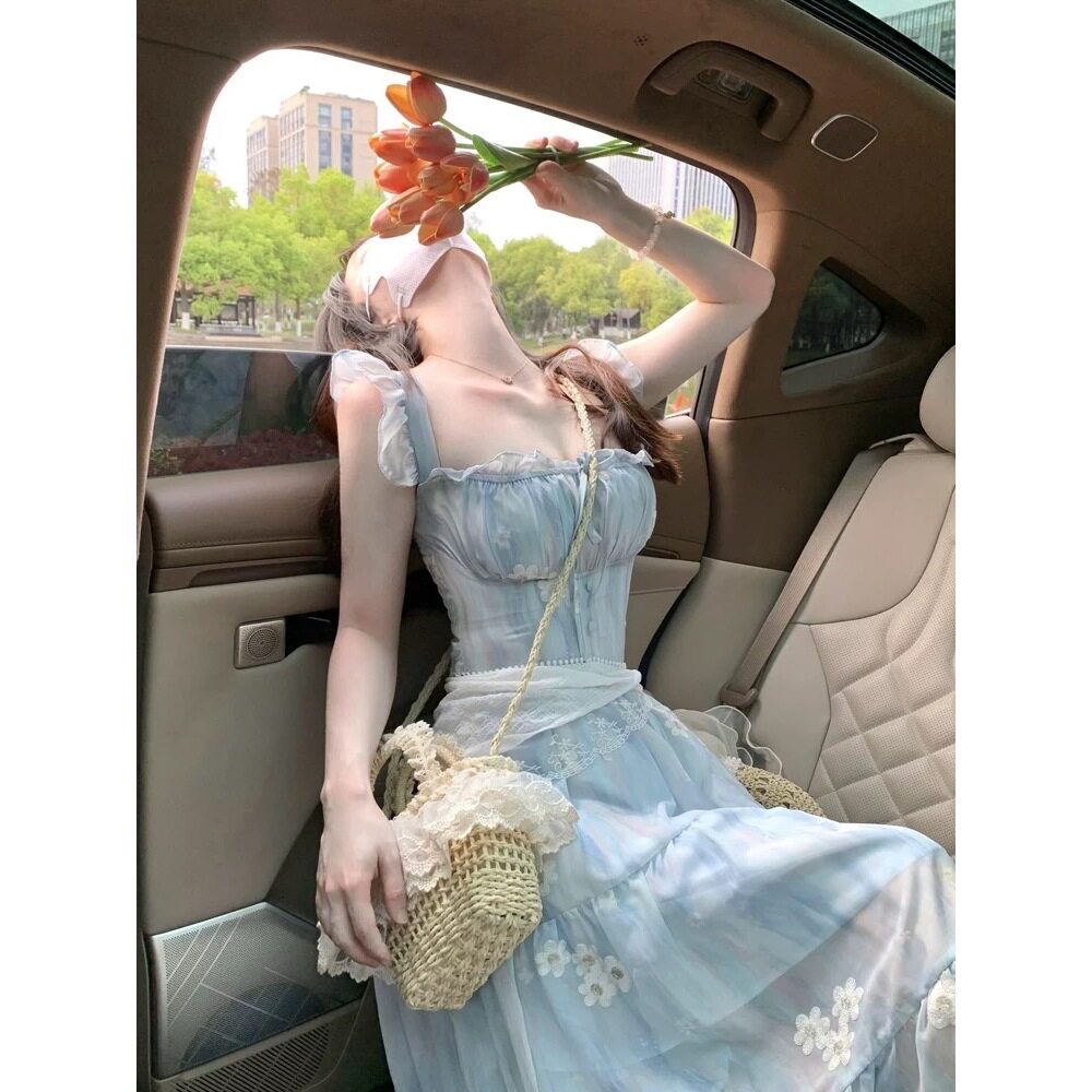旅游度假超仙连衣裙拍照露背蝴蝶结系带甜美碎花裙法式a字裙长裙