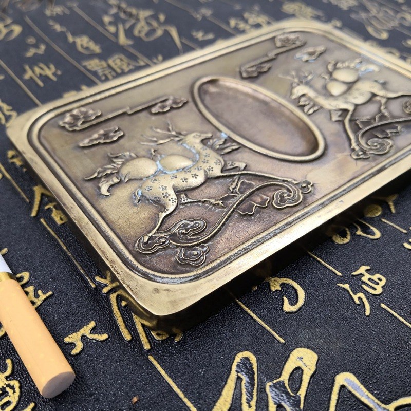 古玩杂项收藏仿古做旧物件白铜铜器梅花鹿砚台收藏