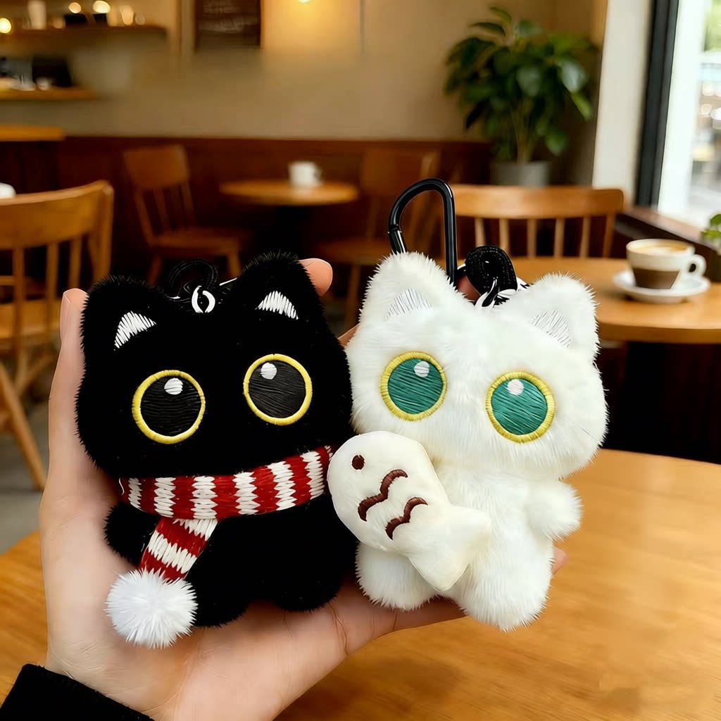 可爱呆萌抱小鱼大眼黑猫毛绒玩偶图片