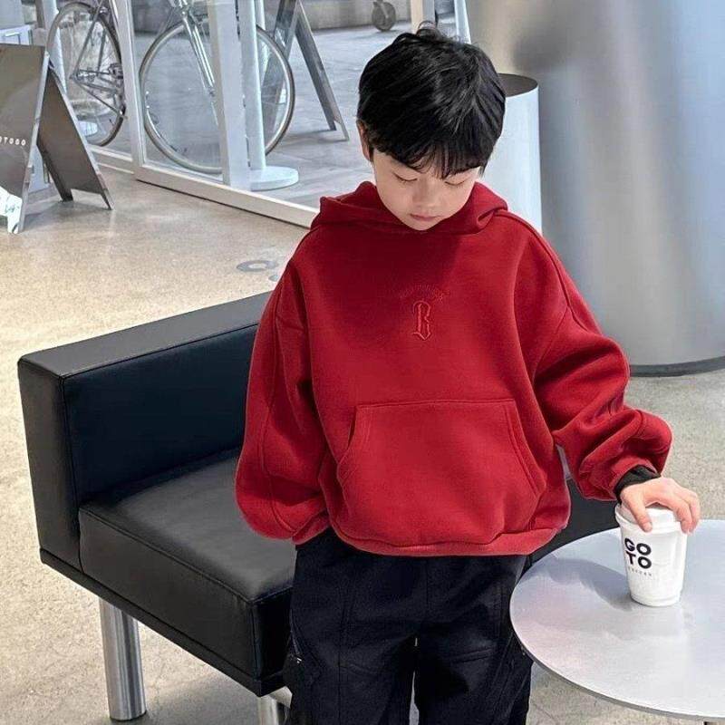 儿童字母刺绣加绒加厚新年红色连帽套头卫衣冬韩版男女童宽松上衣