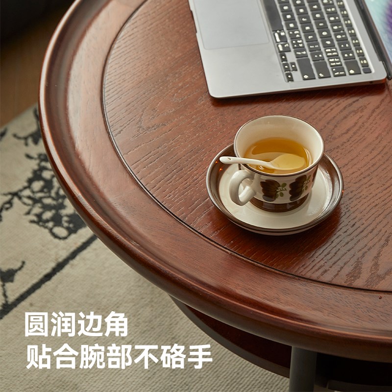 法式实木茶几圆形茶桌小户型中式小桌子古风家用客厅美式复古新款