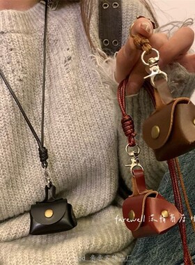 新款耳机包高级感卫衣链迷你豹纹零钱包项链复古棕色小包毛衣链