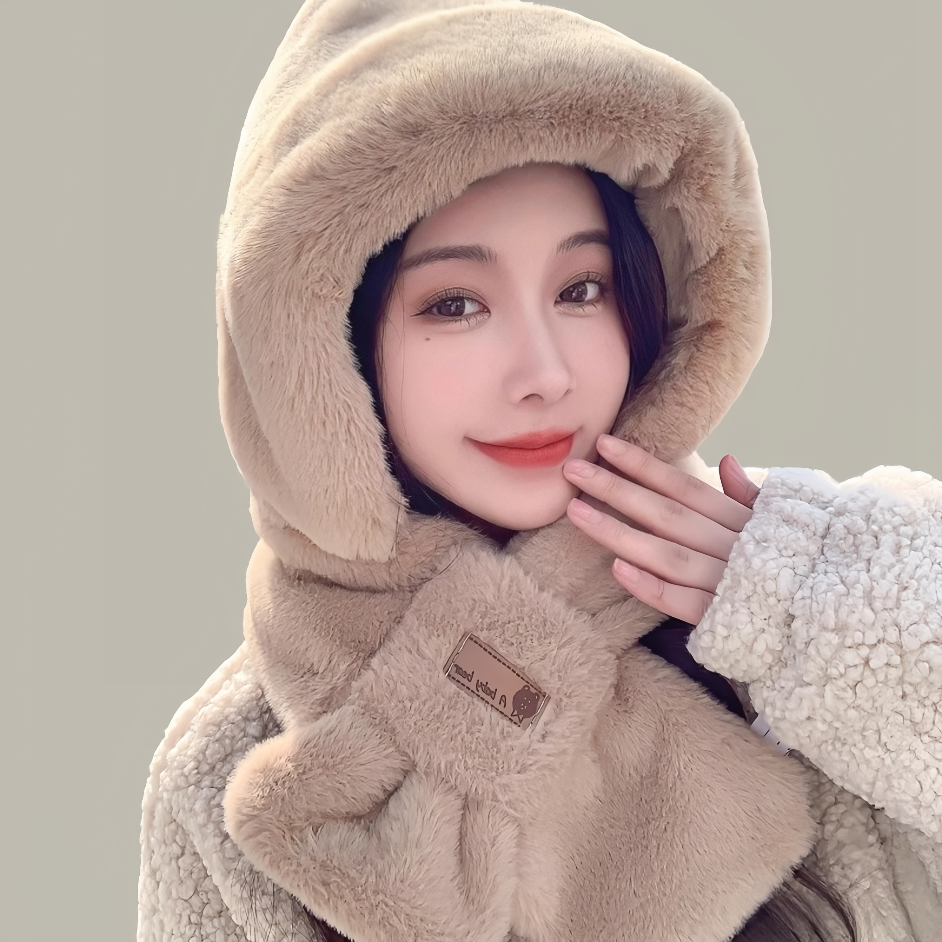围巾帽子一体冬季保暖毛绒加厚仿兔毛可爱护耳帽子2025年爆款女士