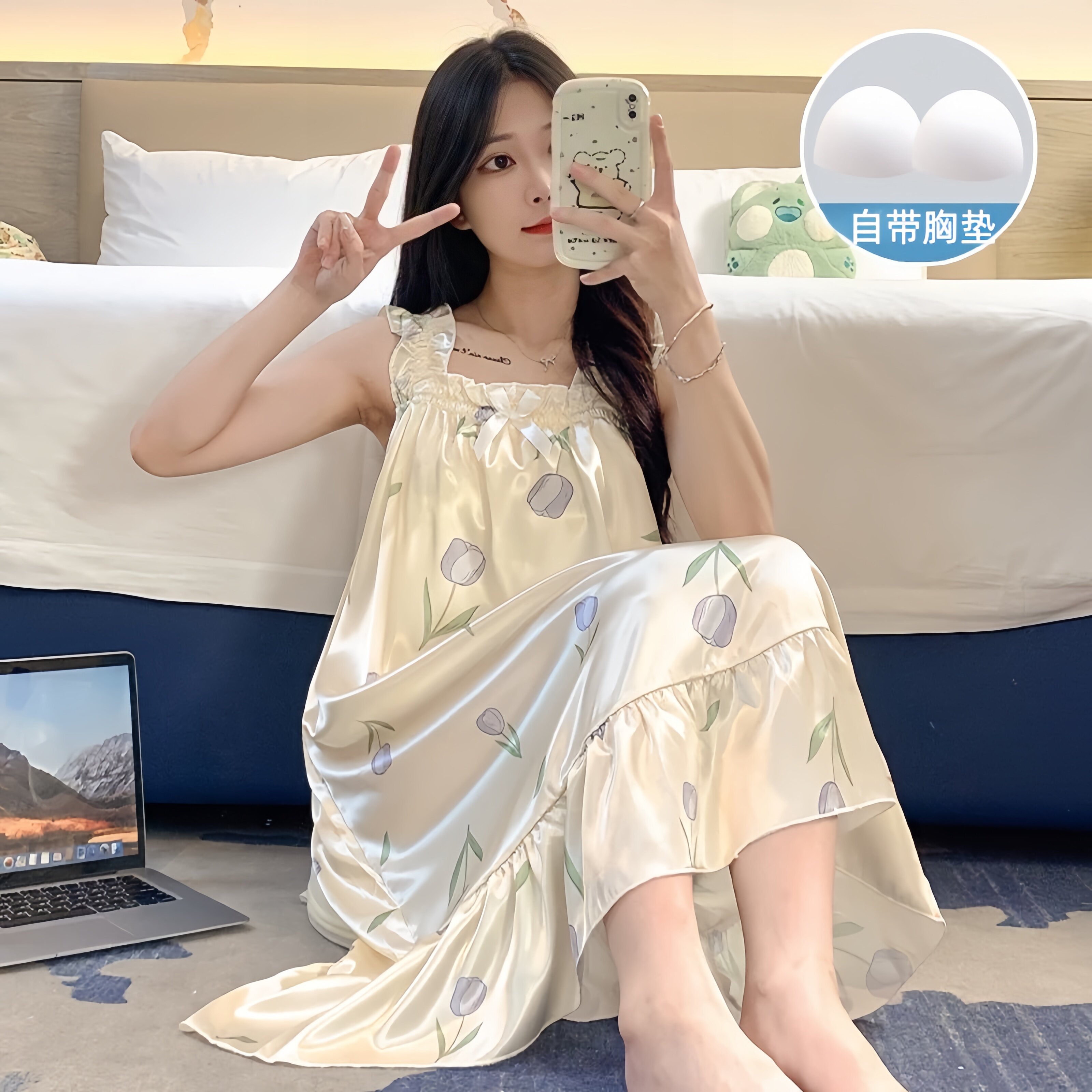 睡裙女夏季自带胸垫冰丝凉感吊带睡衣夏天女士甜美可爱居家服春秋