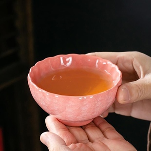 粉晶冰花功夫茶杯冰裂釉个人用杯建盏主人杯品茗杯大容量茶盏纯色
