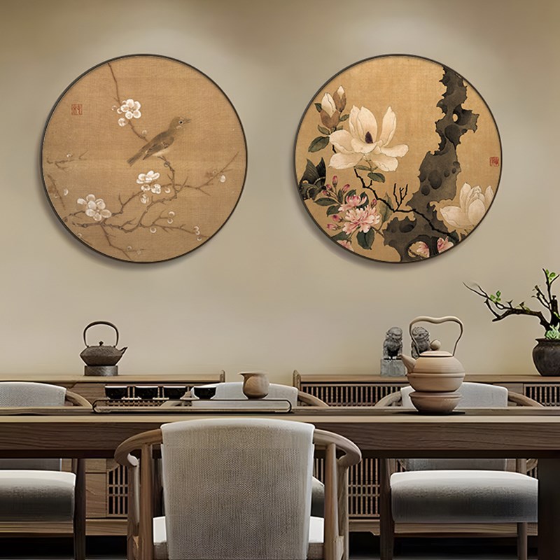 宋代美学圆形挂画新中式蝴蝶茶室装饰画太湖石玄关画客厅花鸟壁画图片