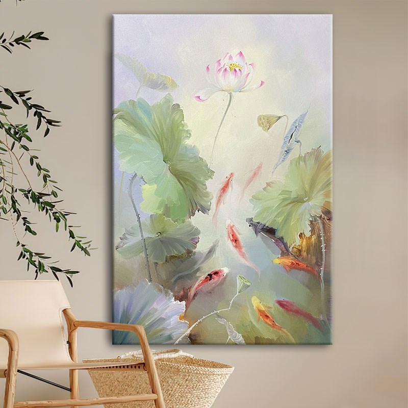新中式九鱼图纯手绘油画锦鲤荷花客厅花卉装饰画玄关丙烯肌理优选图片