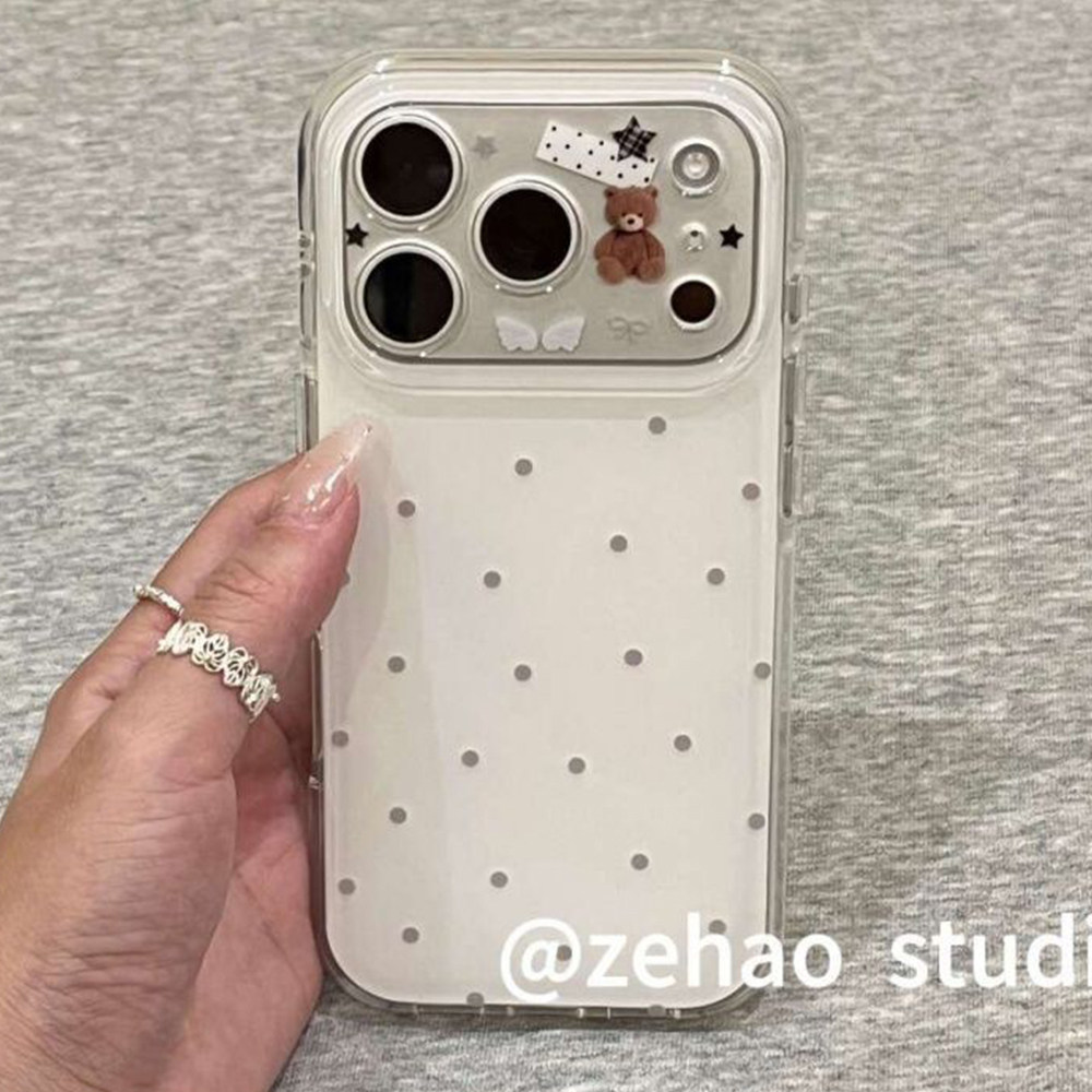 白底灰色波点小熊印花韩系适用iphone17Promax苹果16pro手机壳彩绘15/14/13精孔可爱12/11pro女防摔保护套