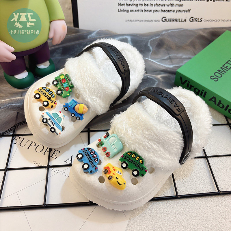 儿童小汽车棉拖鞋冬季冬天加绒加厚保暖内胆洞洞鞋冬款中大童防滑
