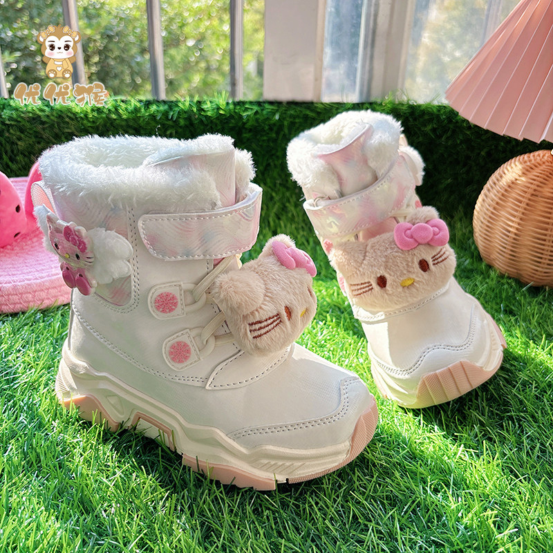 女童粉色雪地靴皮面加绒防水防滑