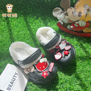 女童加绒洞洞鞋女孩幼儿童拖鞋外穿防滑时尚室内四季2025冬季新款