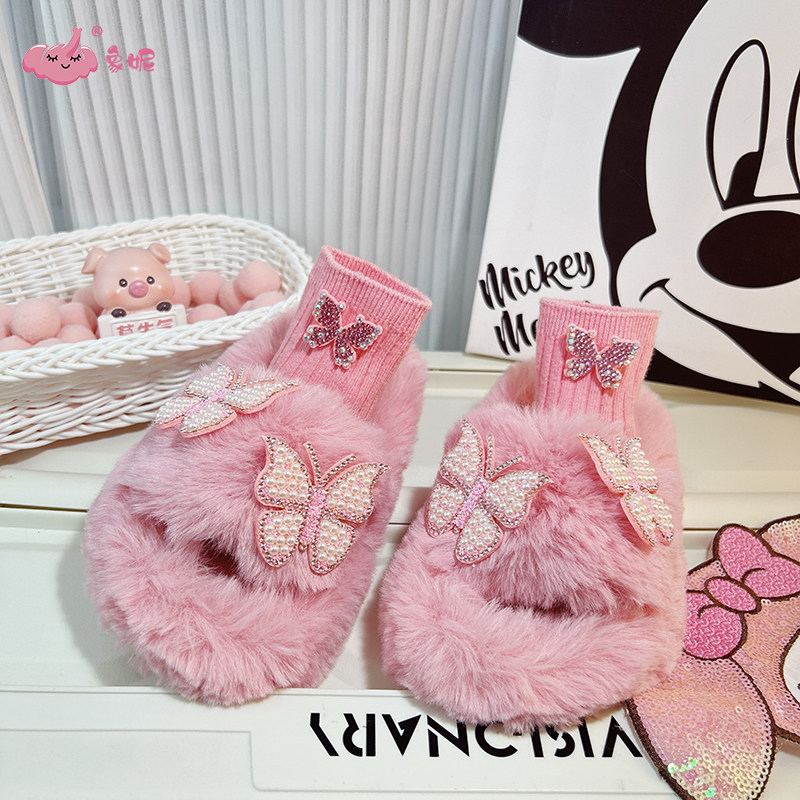 粉色可爱女童棉拖鞋室内家居儿童毛绒毛毛拖鞋防滑2025新款秋冬季