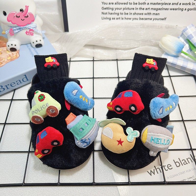 2025新款毛绒保暖居家棉拖鞋男款秋冬季外穿幼儿童小汽车室内拖鞋