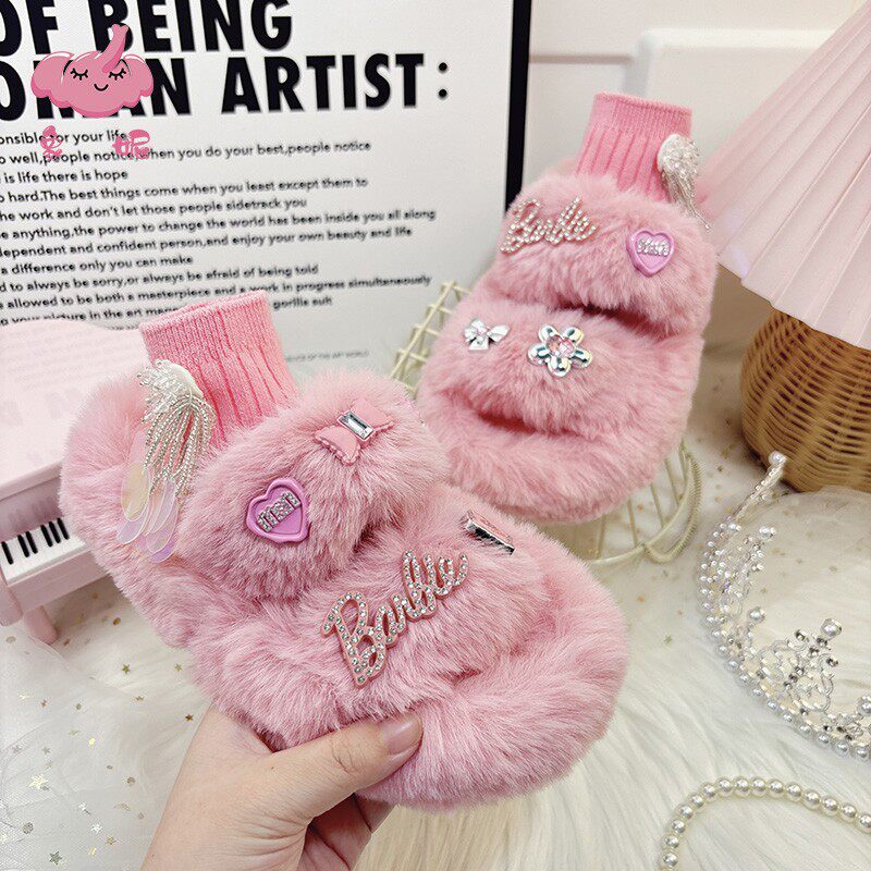 2026秋冬款防滑少女心水钻软底女童小孩高颜值保暖毛毛拖鞋棉拖鞋