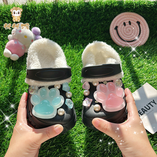 女童包头洞洞棉拖鞋女孩新款冬季居家用厚底保暖包跟棉鞋时尚外穿
