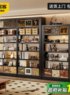 安居客中古风书架图书馆黑色家用钢制落地置物架一体靠墙书柜子
